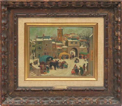 Paul LeMasson (French, 1897-1971) Oil On Panel, "Place Du Marche, Sur Le Neige", H 8'' W 9.5''