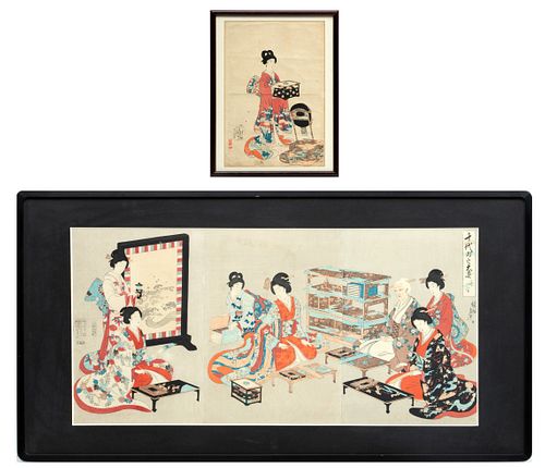 Japanese Ukiyo-e Woodblock Prints On Paper, Geishas In Interior, H 13.5'' W 27.5'' 2 pcs