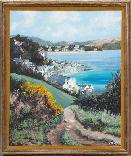 LESBIA THORPE (British, 1919-2009) Oil On Canvas, Coastal Village Scene, H 24'' W 20''