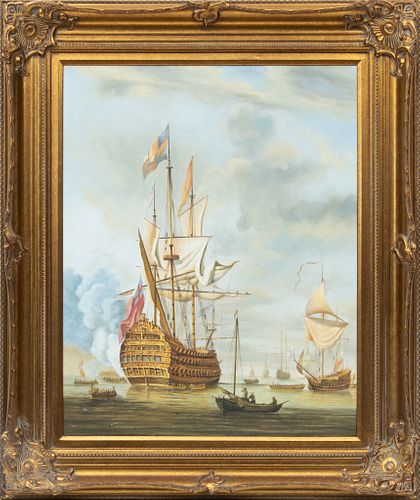 After Willem Van De Velde The Younger Oil On Canvas,  20th C., The English Ship 'Royal Sovereign', H 30'' W 24''