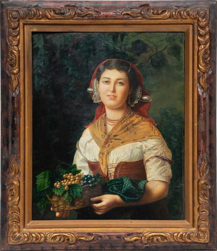 Oil On Beveled Mahogany Panel, C. 1900, Girl With Basket Of Grapes, H 19'' W 15''