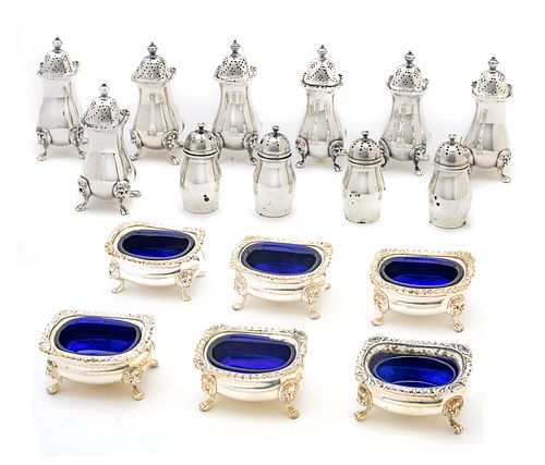 English Silver Plate & Cobalt Glass Salt Cellars (6), + Pepper Shakers (7) H 1.5'' W 2'' L 2.75'' 17 pcs
