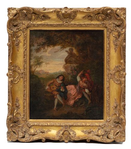 Rococo Style Oil On Canvas, C. 19th C., Courting Couple With Musician,, H 18'' W 14.5''