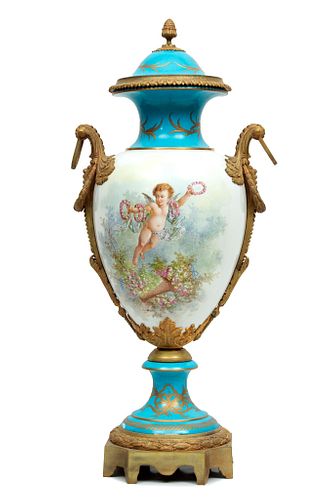 French Sevres Porcelain Handpainted Covered Urn
