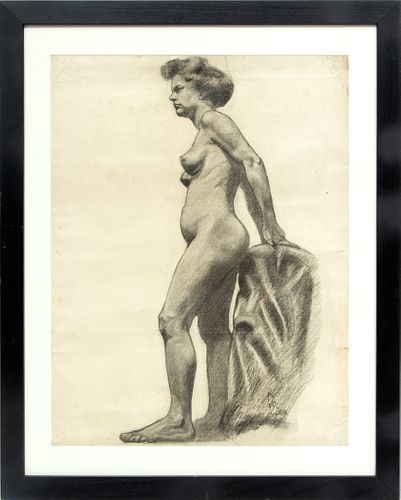 Signed Knudsen, Charcoal On Paper, Female Nude Study, H 23.75'' W 18.5''