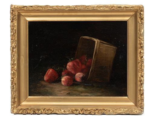 Unsigned Oil On Canvas,  19th C., Strawberry Basket, H 10'' W 13''
