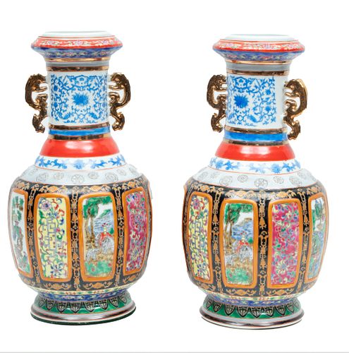 Chinese Hand Painted Porcelain And Enamel Palace Style Vases 21st. C., H 17.5'' Dia. 9''
