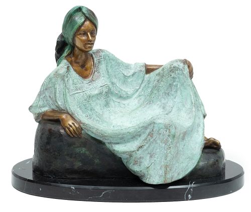Victor Guiterrez (Mexican, 1950) Painted Bronze Sculpture, 1987, Reclining Woman, H 9.5'' W 11.5''