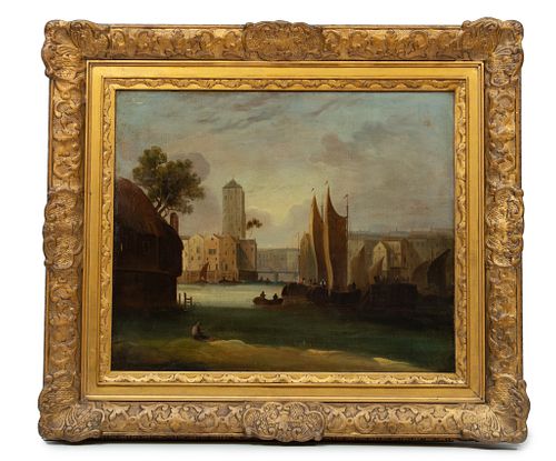 Dutch Oil On Canvas, C. Early 19th Century, Harbor Scene,, H 20'' W 24''