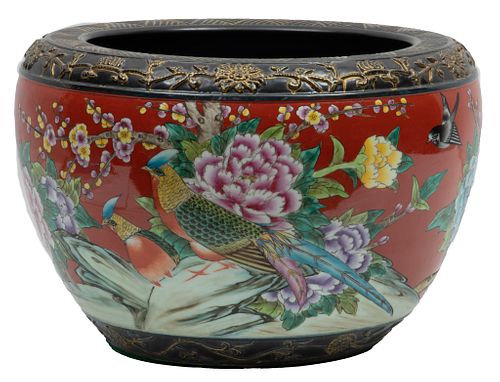 Contemporary Chinese Porcelain Flower Pot, Spring Peonies, H 11.5'' Dia. 18''
