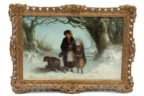 Thomas Smythe, England , 1825-1906 Oil On Canvas Children Gahering Sticks, H 12'' W 18''