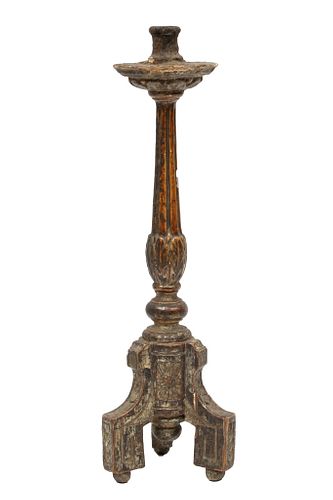 European Patinated Carved Wood A Gesso Candle Stick, C. 18th C., H 18.5'' W 5.75''