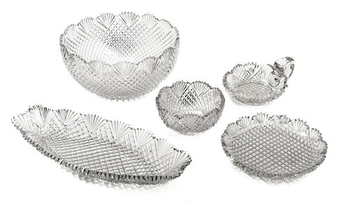 Hand-cut Crystal Bowls & Dishes, C. 1900, H 4.5'' Dia. 9'' 5 pcs