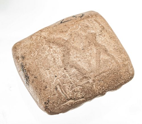 Sumerian Cuneiform Clay Tablet C. 2400 BCE, With Hero And Lion Verso, H 1.5'' W 1.75'' Depth 0.75''