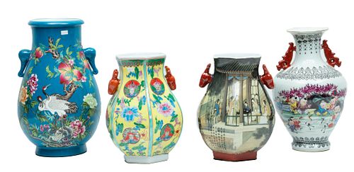 Chinese Porcelain Double Handled Vase Grouping 21st C., H 15.5'' 4 pcs