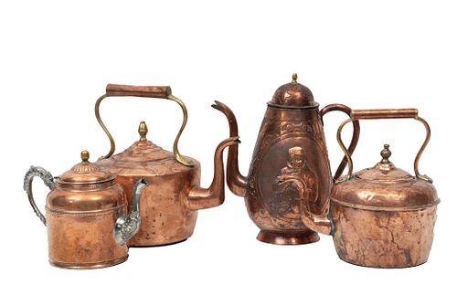 Antique American Copper Kettles, H 7.5" To 12", 4 pcs