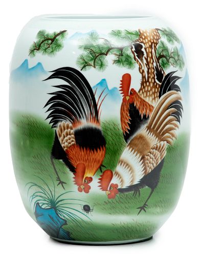 Large Chinese Porcelain Vase, 20th C., Three Roosters And A Beetle, H 16'' Dia. 12''