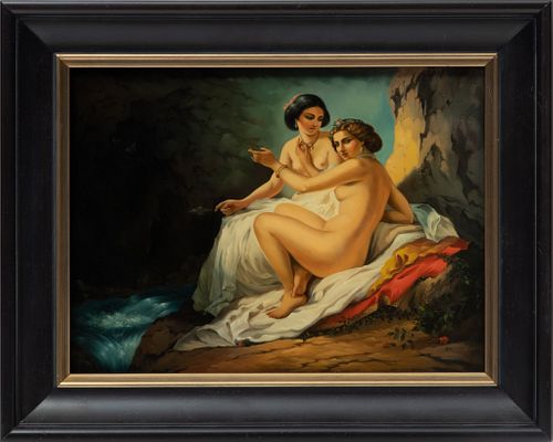 Fedoskino (Russian) Painted Lacquer Panel, C. 1994, Beauties At A Waterfall, H 11.5'' W 15''
