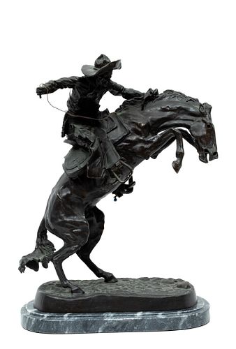 After Frederic Remington Bronze Statue, "Bronco Buster",  20th C., H 23'' W 8'' L 17''