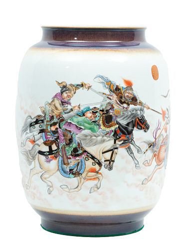 Li Zhengqiao (Chinese 20th/21st C.) Porcelain Monumental Vase 21st C., Wil Warriors, H 21'' Dia. 14''