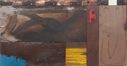 Mark Cesark (American) Metal Mixed Media Wall Sculpture, C. 2006, Untitled (Song), H 27'' W 51'' Depth 1.75''