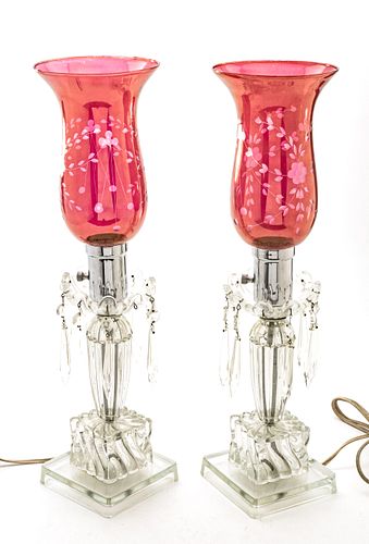 Cranberry & Pressed Glass Candlesticks, H 18.75'' Dia. 4.5'' 1 Pair
