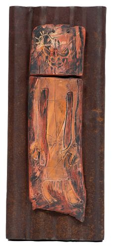 Suzanne Wallace Mears (American) Mixed Media, Painted Ceramic And Metal Wall Sculpture, H 22'' W 9.25'' Depth 2''