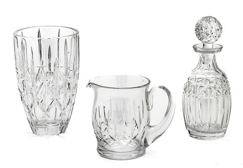 Waterford (Irish, 1783) Crystal Decanter, Pitcher & Vase, H 9'' Dia. 5.5'' 3 pcs