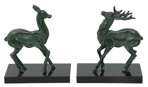 Patinated Metal Sculptures Of A Doe And A Buck, 20th C., Two Pieces, H 5.5'' W 1'' L 3.75''