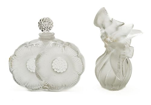 Lalique (French) 'L'air Du Temps Tactice' & 'Deux Fleurs' Crystal Perfume Bottles, H 4'' Dia. 2'' 2 pcs