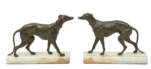 Patinated Spelter Greyhound Bookends, C. Early To Mid 20th C., H 5.75'' W 1.5'' L 9''