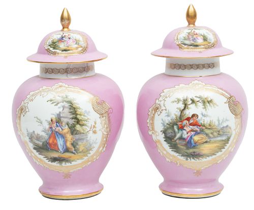 Pair of Handpainted Porcelain Covered Urns