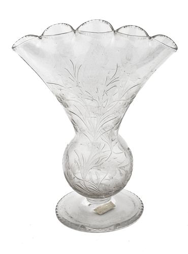 Steven & Williams (English) Etched Glass Tulip Vase, C. 1900, H 9.5'' W 4.25'' L 7.25''