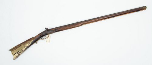 Curly Maple Full Stock Percussion Cap Pennsylvania Long Rifle, Early To Mid 19th C., .44 Cal., 39.5" Barrel