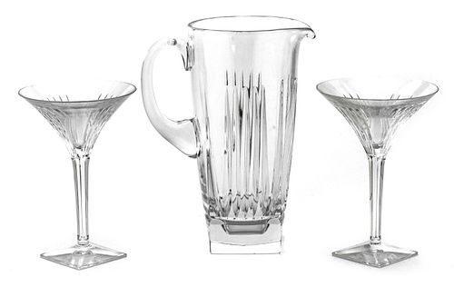 Waterford (Irish, 1783) Crystal Pitcher & Martini Glasses, H 10'' W 5'' L 8'' 3 pcs