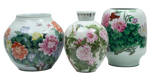 Chinese Porcelain Large Flower Vases, Peonies, 3 pcs
