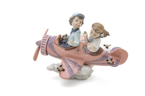 Lladro Porcelain Children In Airplane "Don't Look Down", H 6.5'' L 9''
