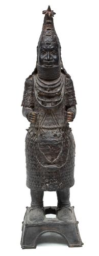 African Bronze Benin Figure H 45", 10"w