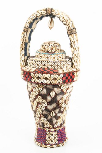 Kuba, African Covered Vessel With Cowrie Shells, H 22.5" Dia 10"