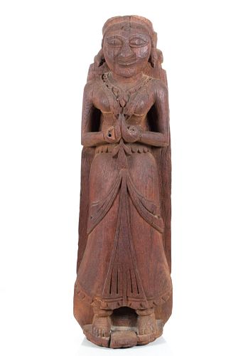 Indian Carved Wood Standing Figure, 18/19th C., H 25'' W 8''