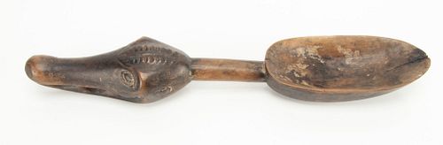 Baule Peoples, Ivory Coast, African Carved Wood Crocodile Ceremonial Spoon 20Th Century W 4" L 22.5"