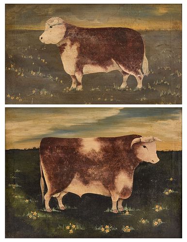 Pair of Primitive Portraits of Steers