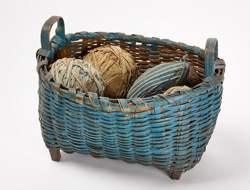Footed Blue Basket with 12 Rag Balls