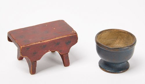 Miniature Decorated Footstool and Painted Salt
