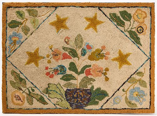 Hooked Rug with Flowers and Stars