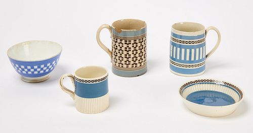 Three Mochaware Mugs and Two Bowls