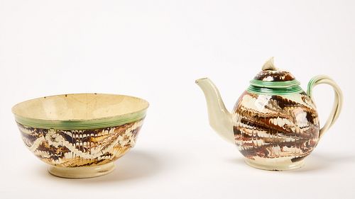 Combed Pearlware Tea Pot and Bowl