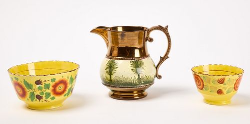 Two Yellow Bowls and a Copper Lustre Pitcher