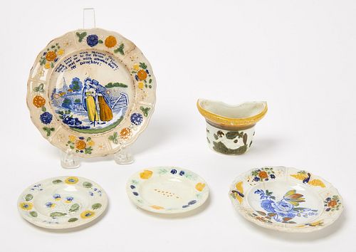 Four Small Prattware Plates and Half Round Cup