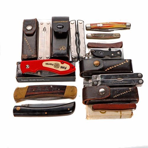 Group of Leathermans and Pocket Knives.